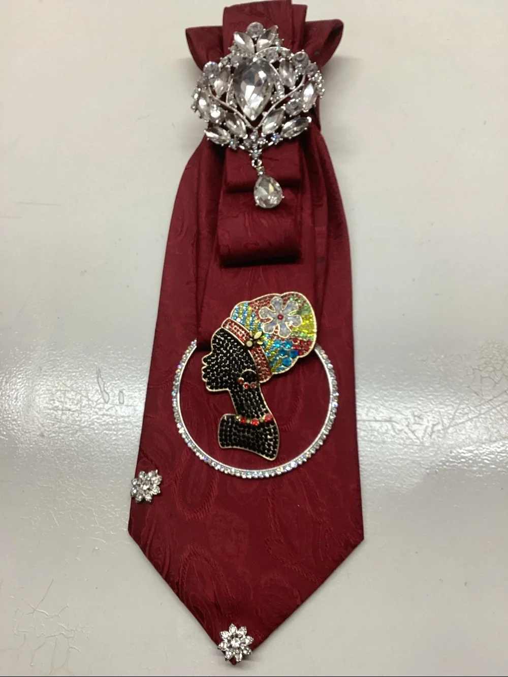 Handcrafted Burgundy Embellished Statement Necktie Necklace with African Queen